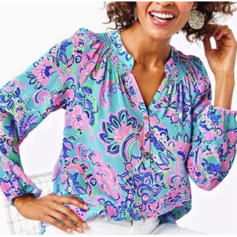 Lilly Pulitzer Elsa Silk Top Turquoise Pink Floral Paisley Smocked Blouse Medium